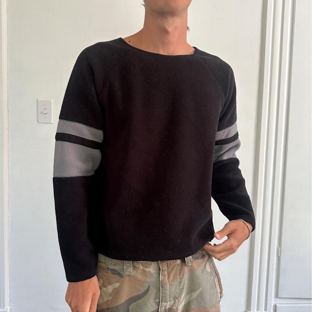 Vintage Striped Y2K Raw Fleece Black Longsleeve Pullover